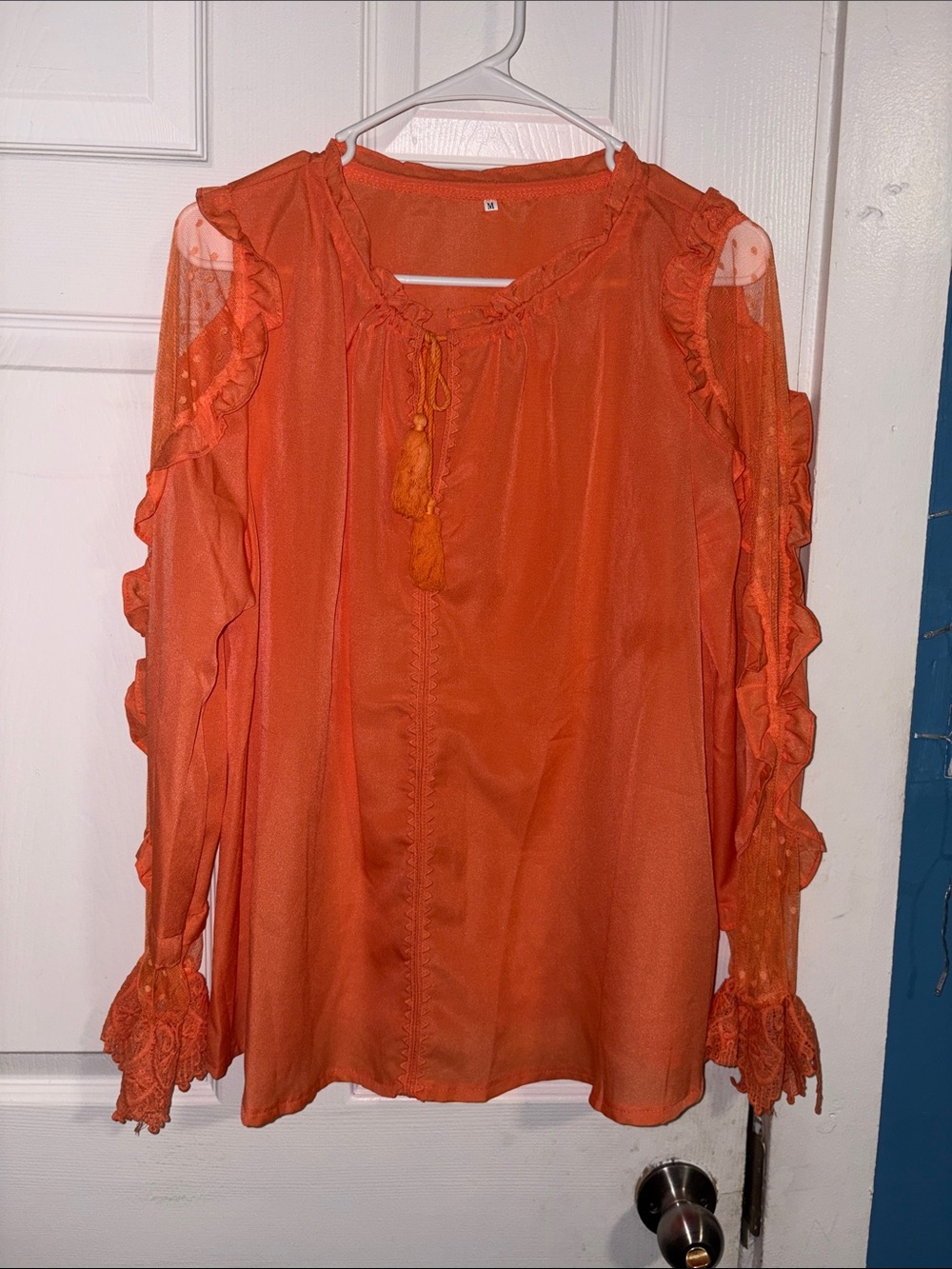 Orange Ruffle Cold-Shoulder Peasant Blouse - Women